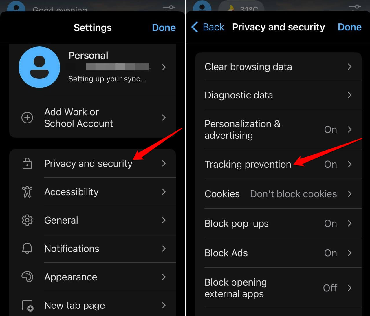 Edge iOS tracking prevention