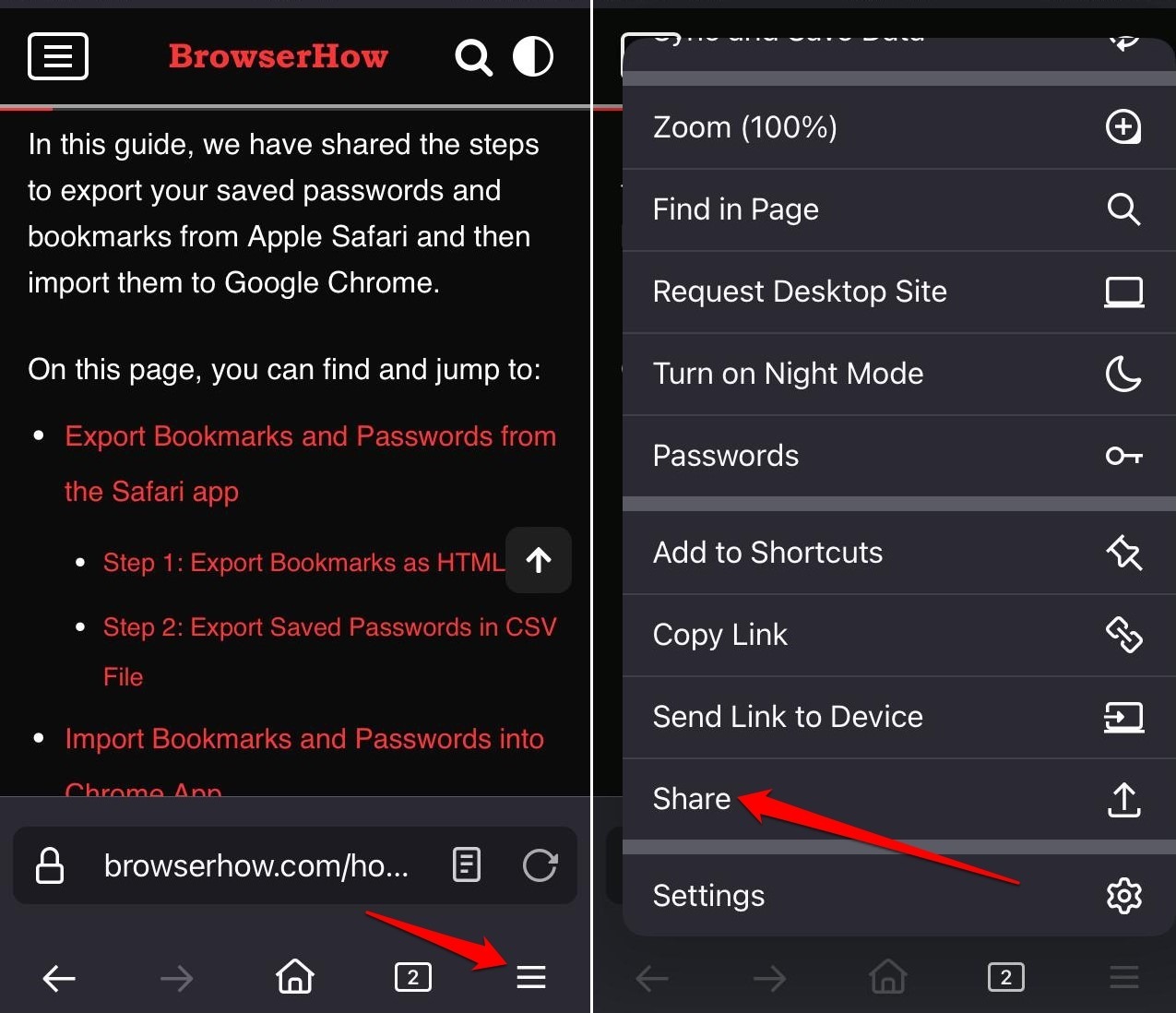 Share option Firefox iOS