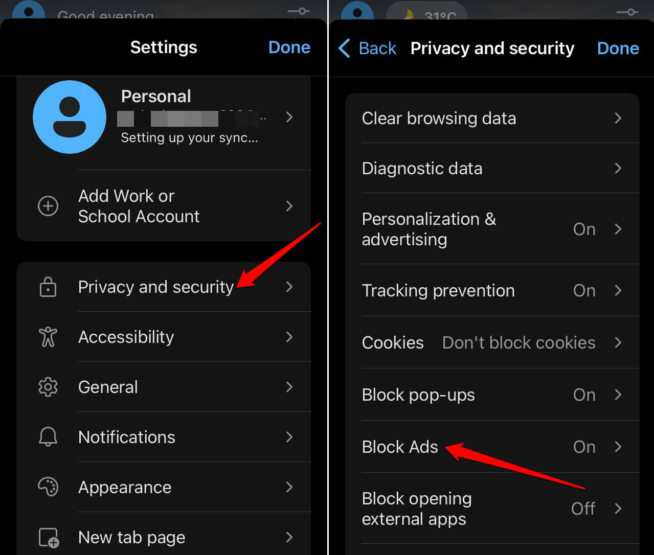 ad blocking settings in Edge iOS
