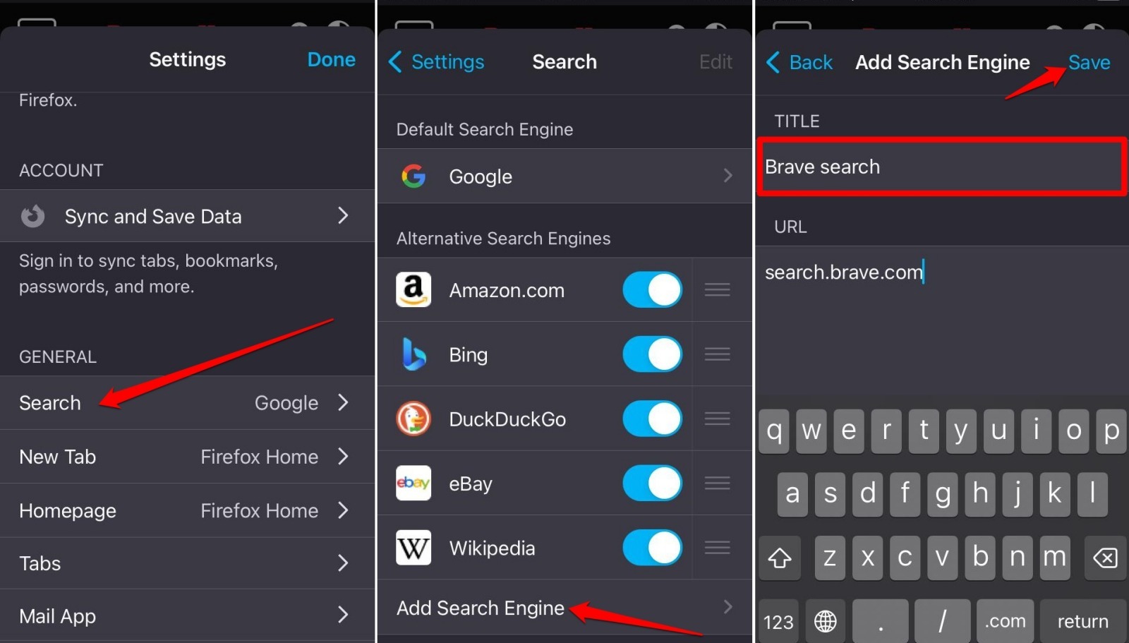 add a custom search engine on Firefox iOS