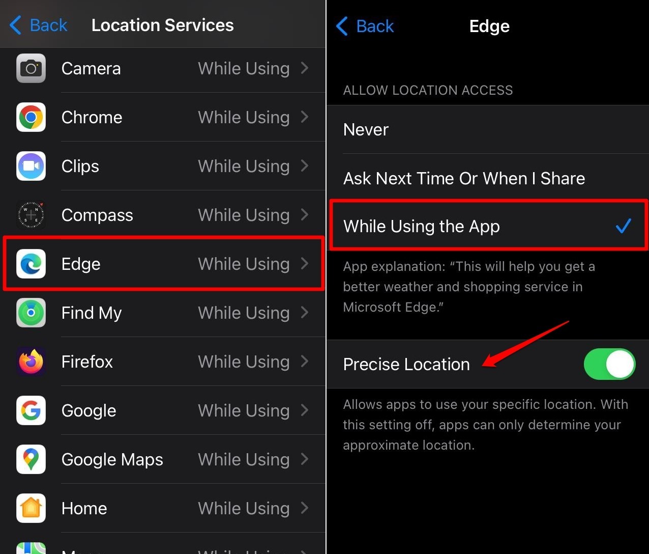 allow geo location access to Edge browser iOS