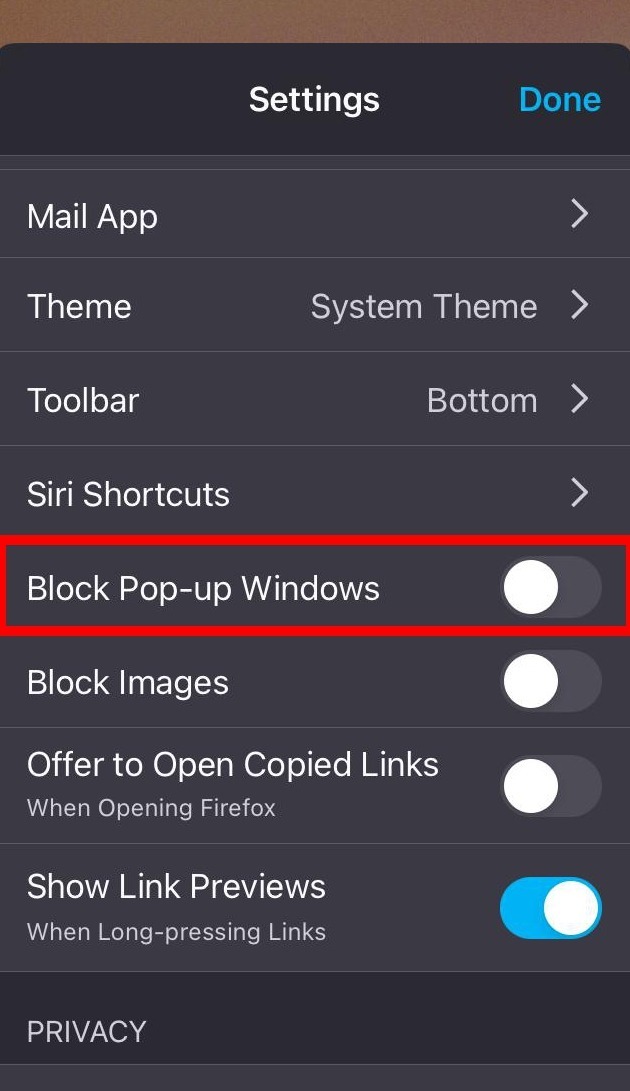 allow pop up in Firefox iOS