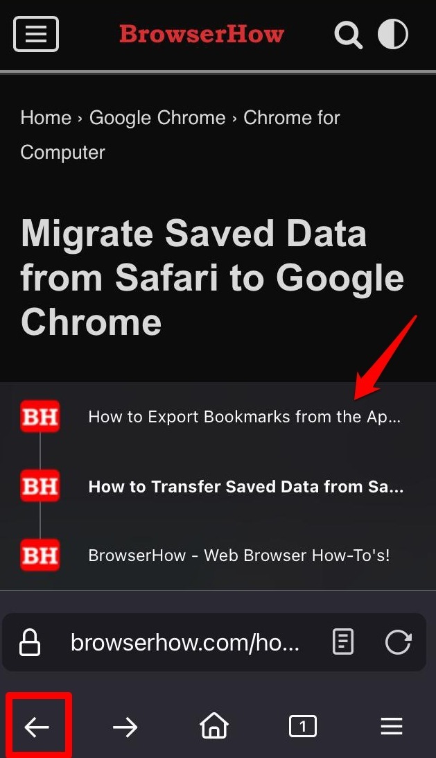 alternate method to navigate backward in firefox iOS