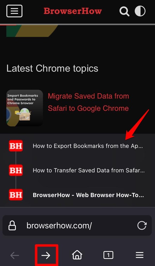 alternate method to navigate forward in Firefox iOS