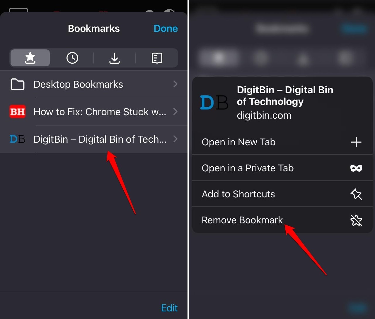 alternate way to remove bookmark in Firefox iOS