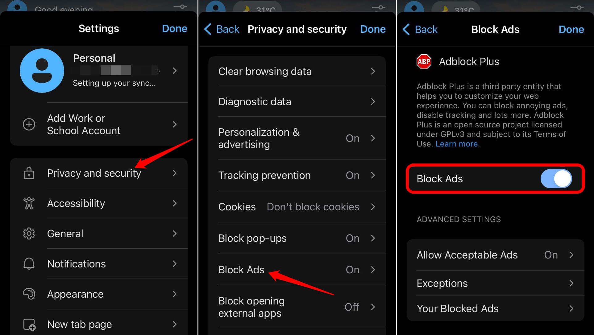 block ads on Edge iOS