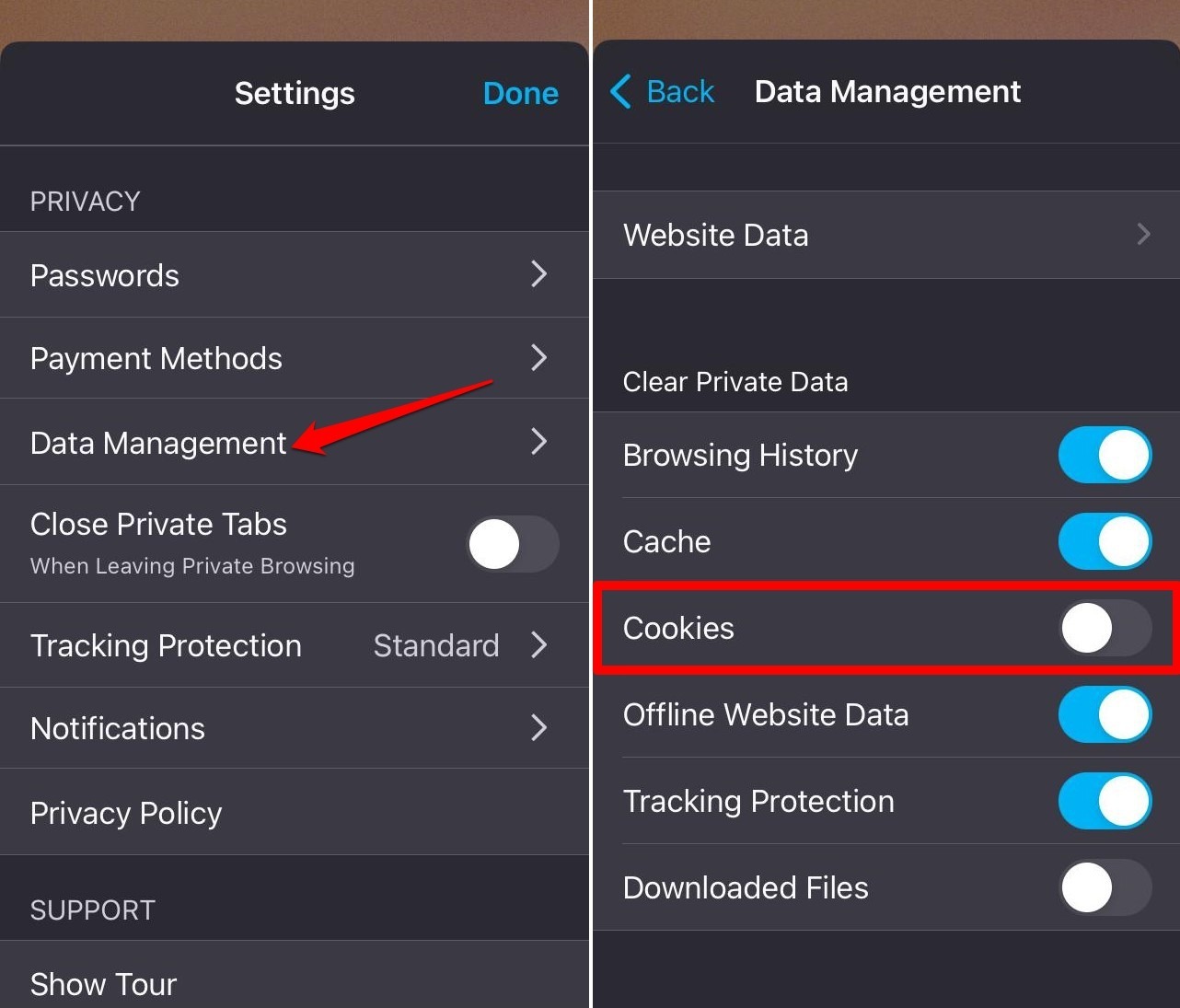 block cookies on Firefox iOS 