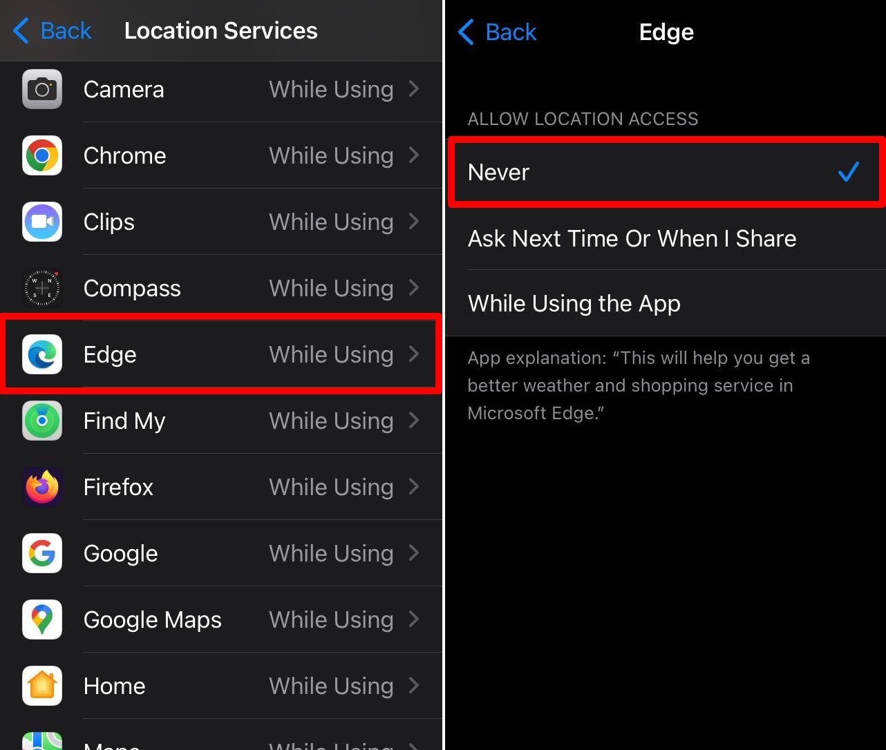 block geo location access for Edge iOS