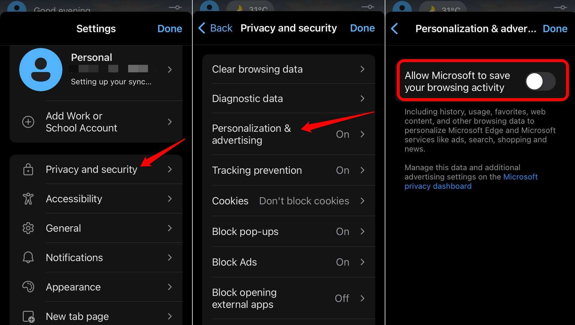 block microsoft from saving your browsing activity