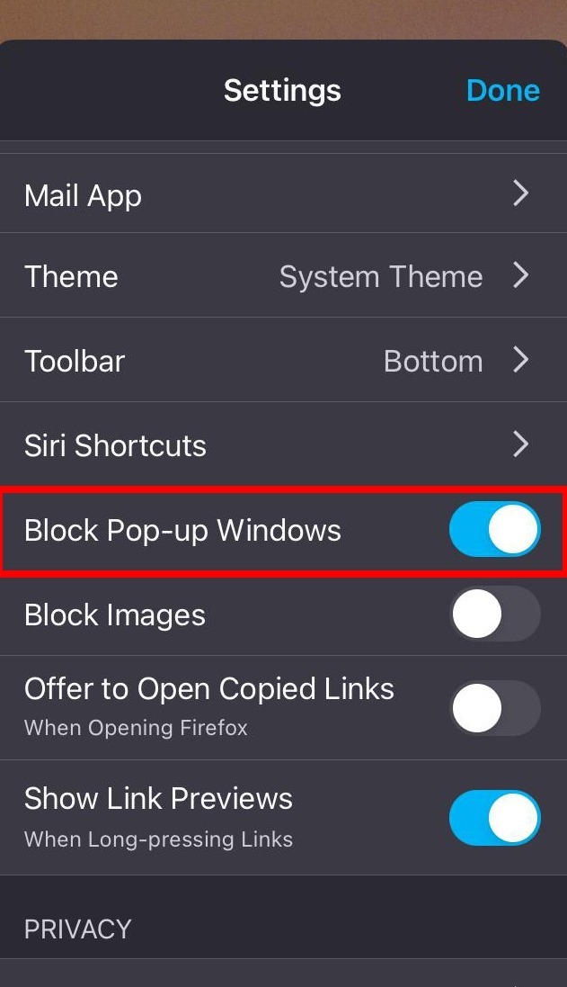 block pop up in Firefox iOS
