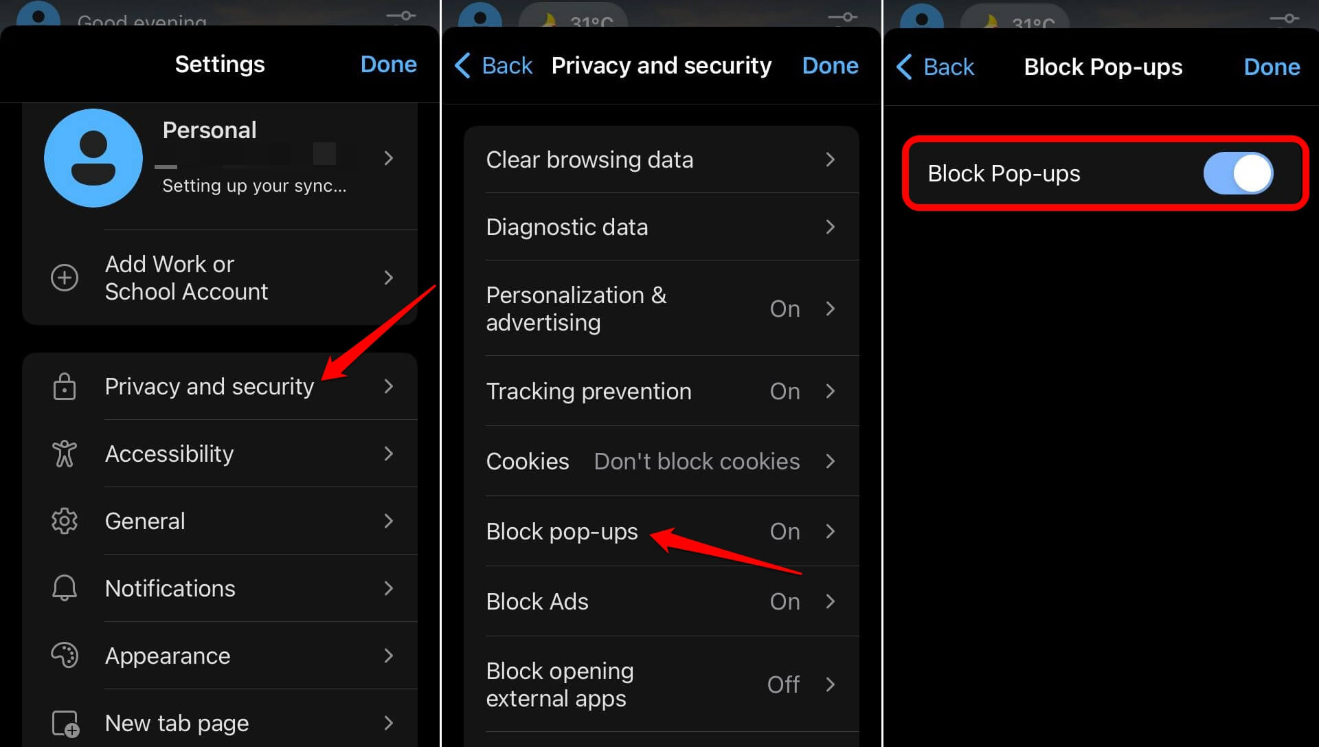 block pop ups on Edge iOS