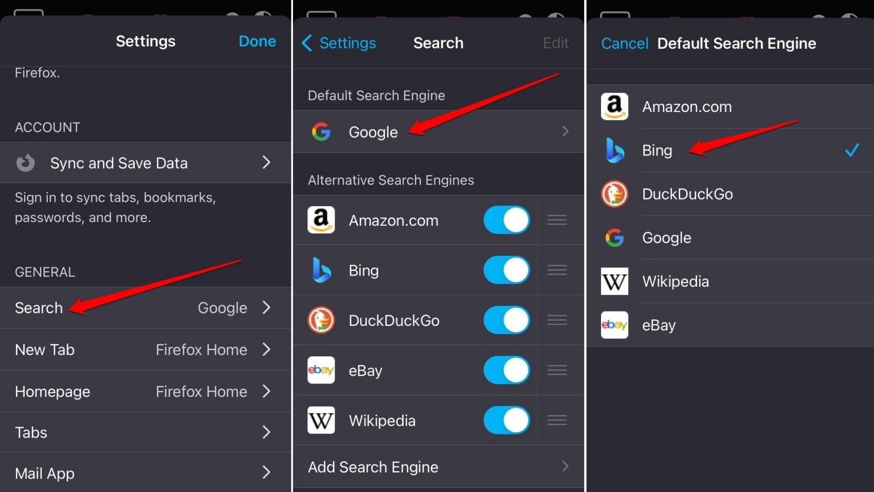 change the default search engine on Firefox iOS