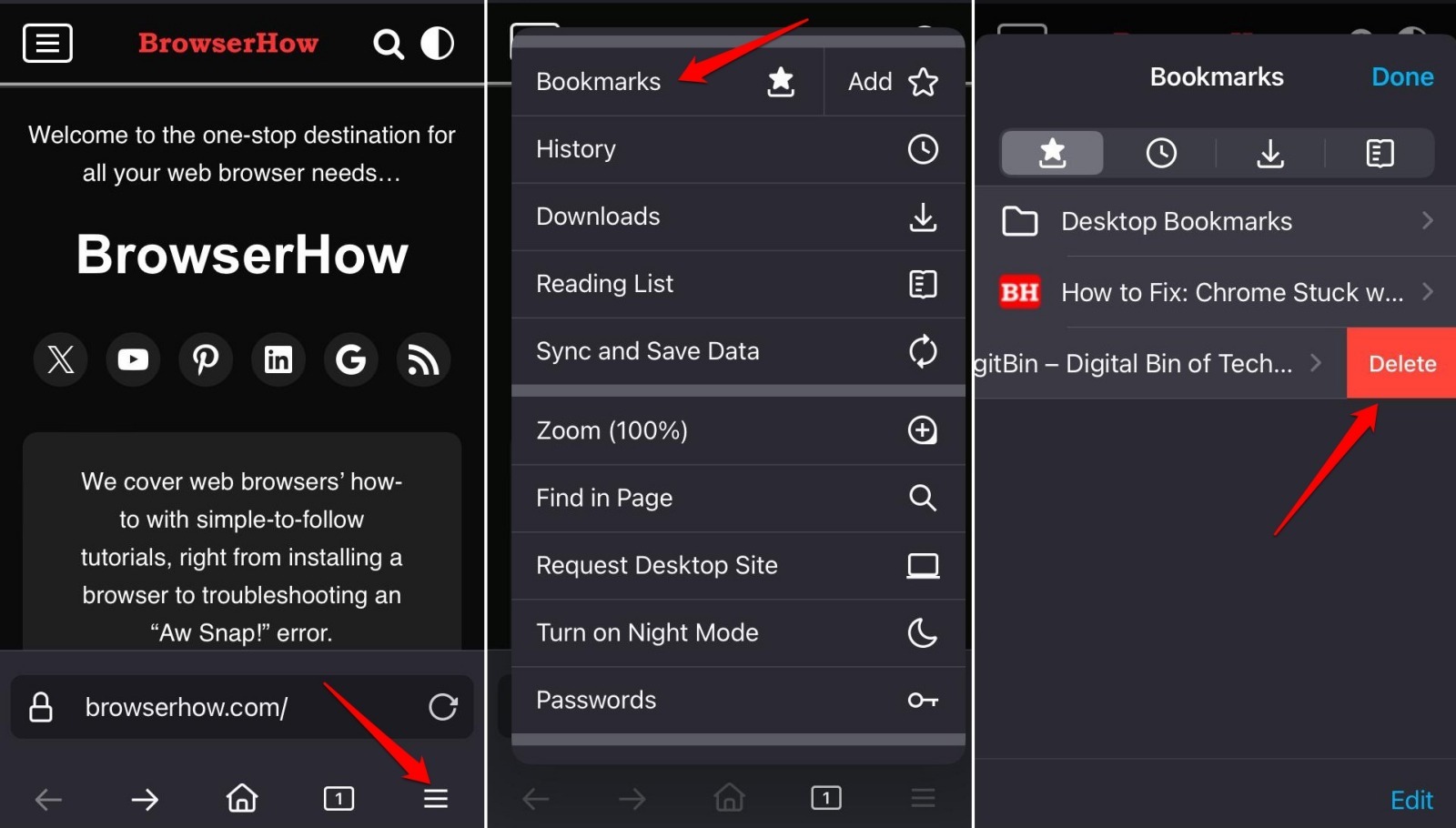 delete a bookmark in Firefox iOS