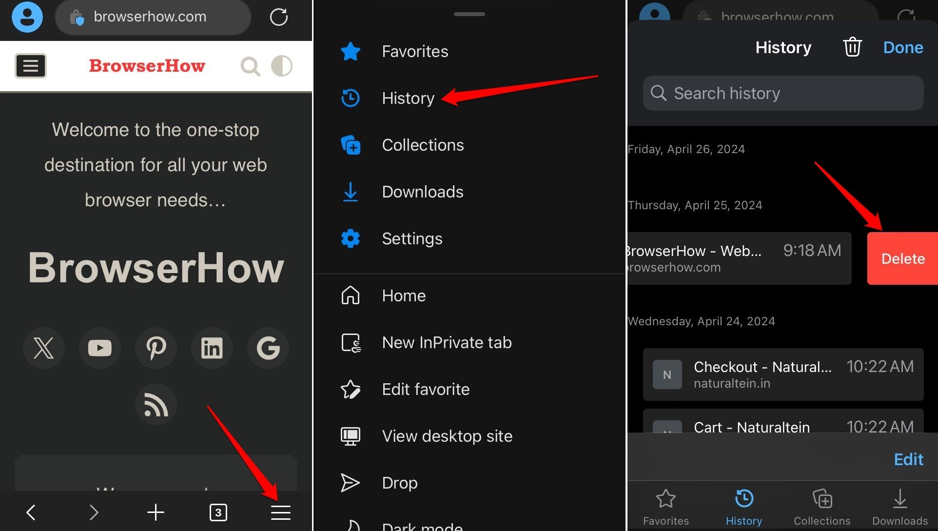 delete a page from Edge search history iOS