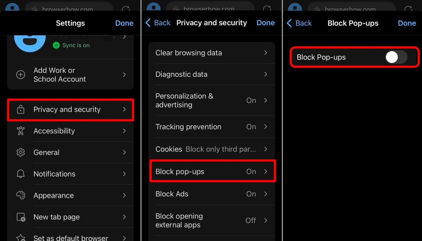 disable pop up blocking on Edge iOS