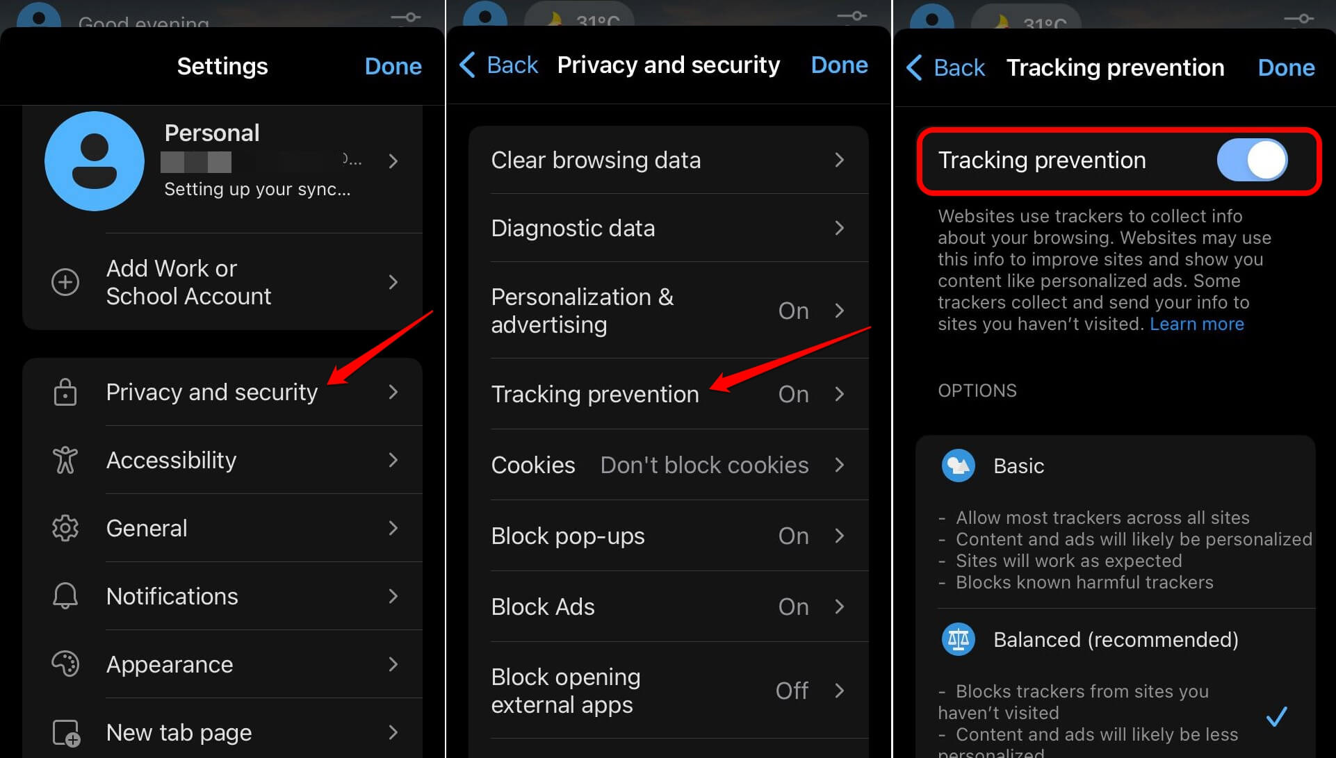 enable tracking prevention on Edge iOS