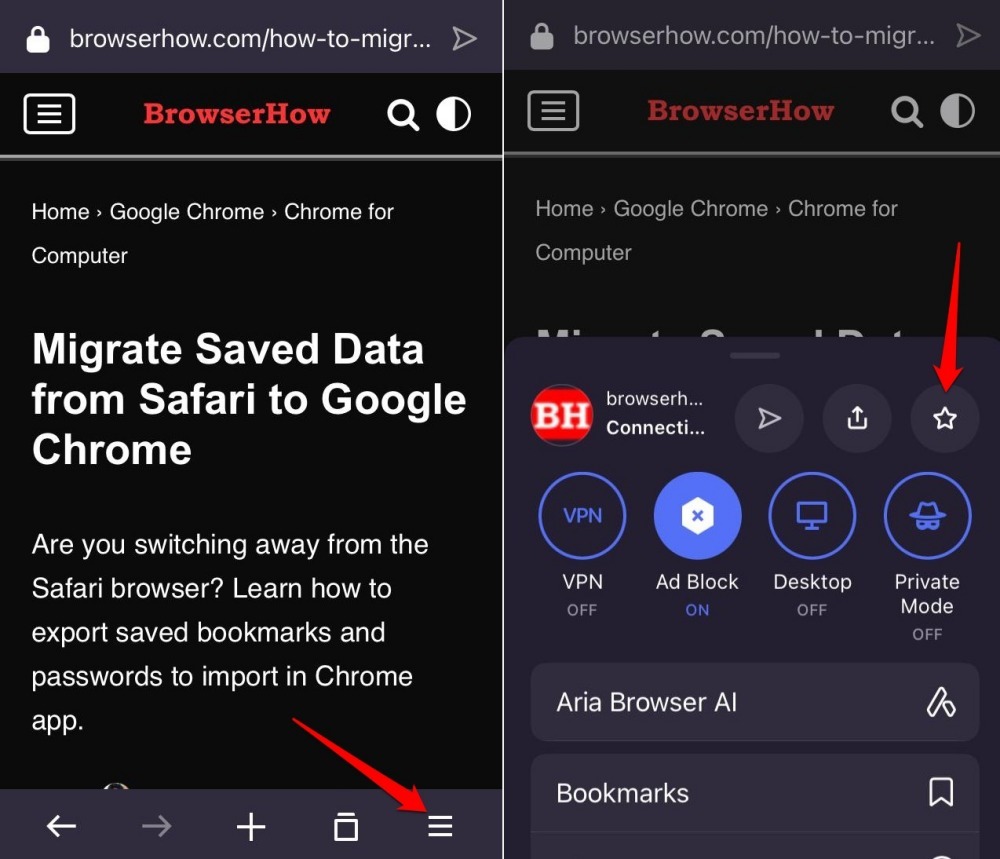 how to bookmark a page on Opera iOS