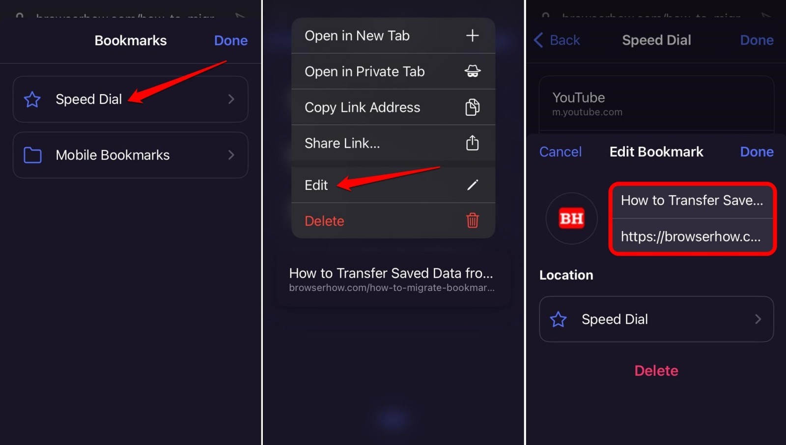 how to edit a bookmark in Opera iOS