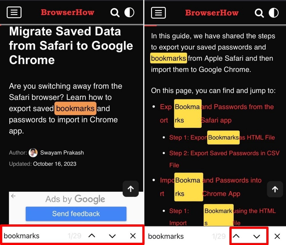 how to search and find a term in Firefox iOS
