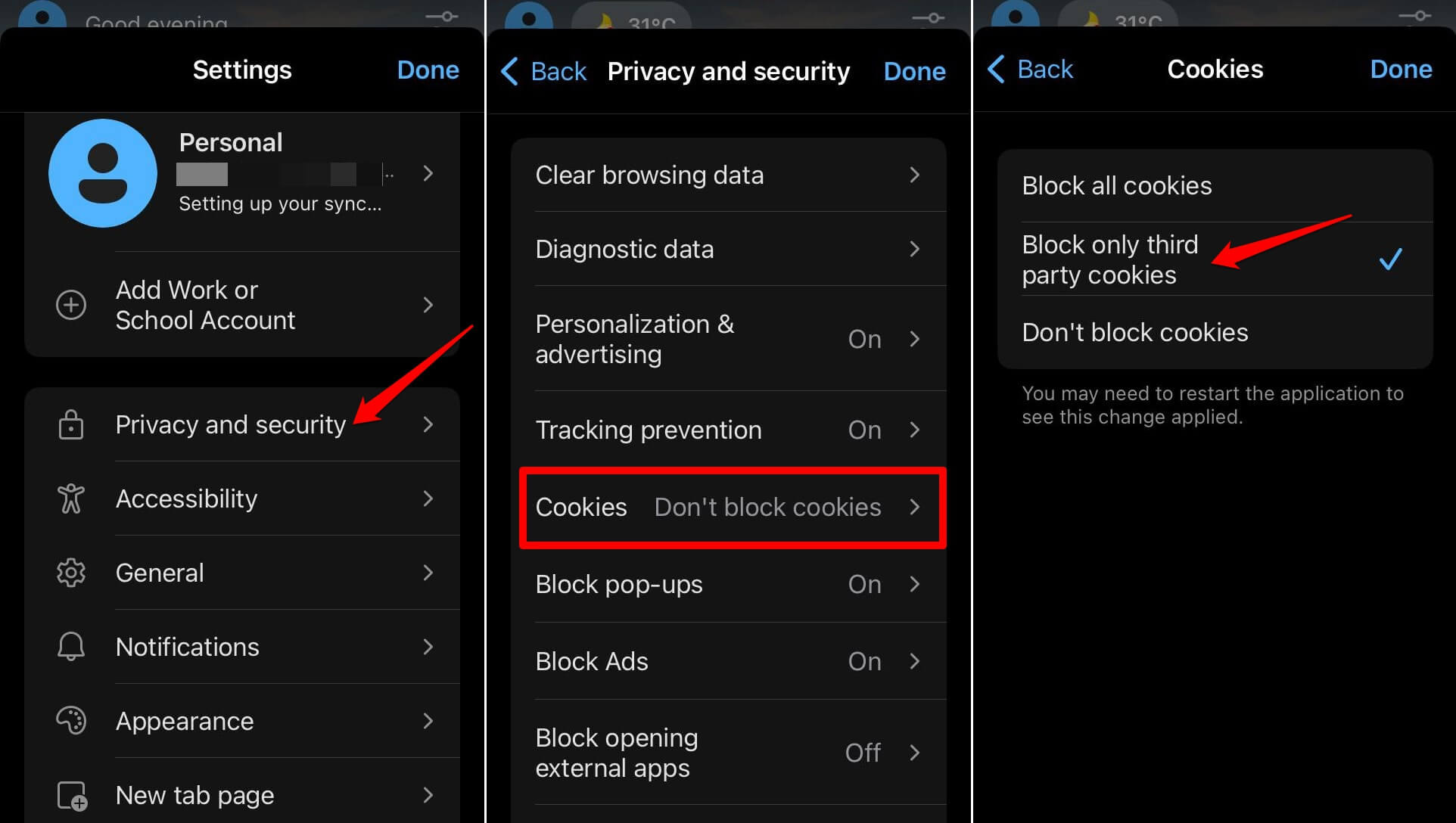 manage cookie blocking on Edge iOS