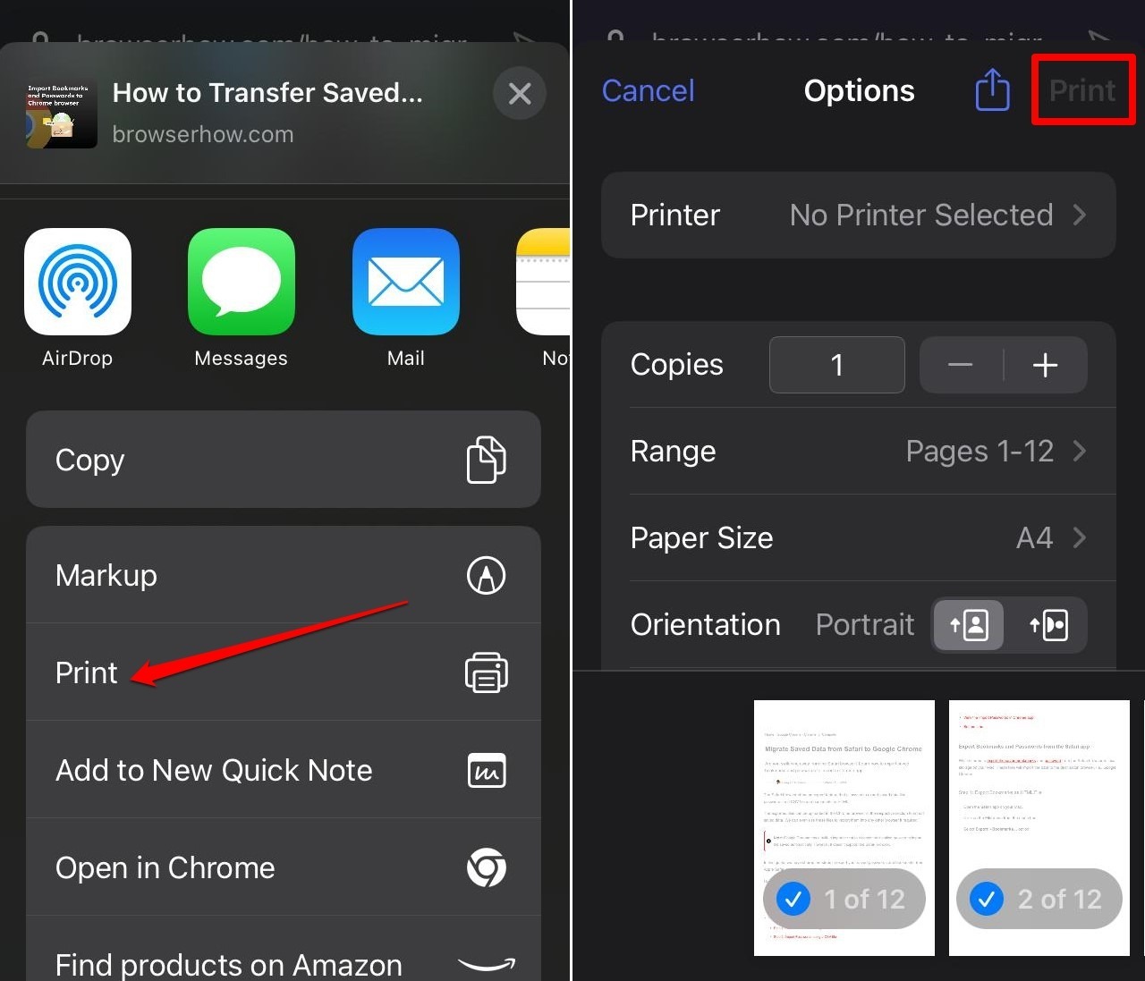 print a page in Opera iOS