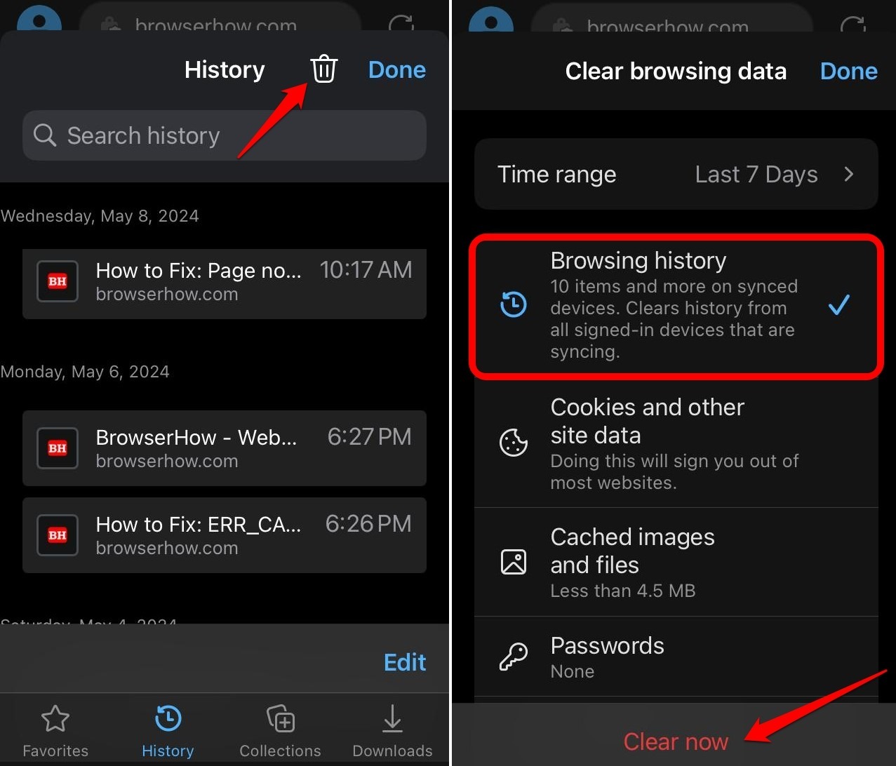 remove the entire search history of Edge iOS
