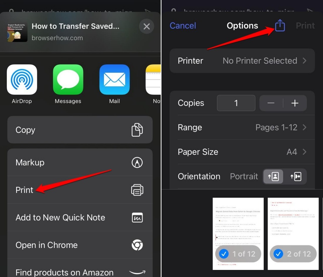 share the selected pages in print preview Opera iOS