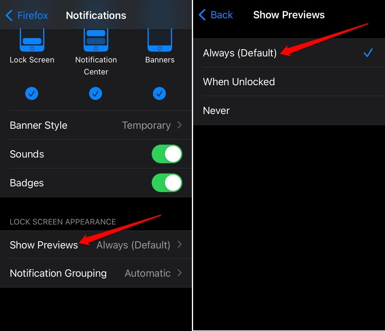 show or hide Firefox notification previews on iPhone lock screen