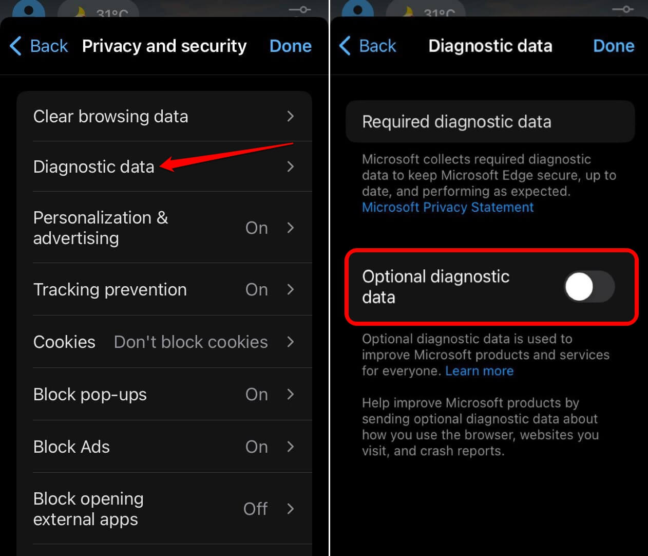 stop collecting optional diagnostic data on Edge iOS