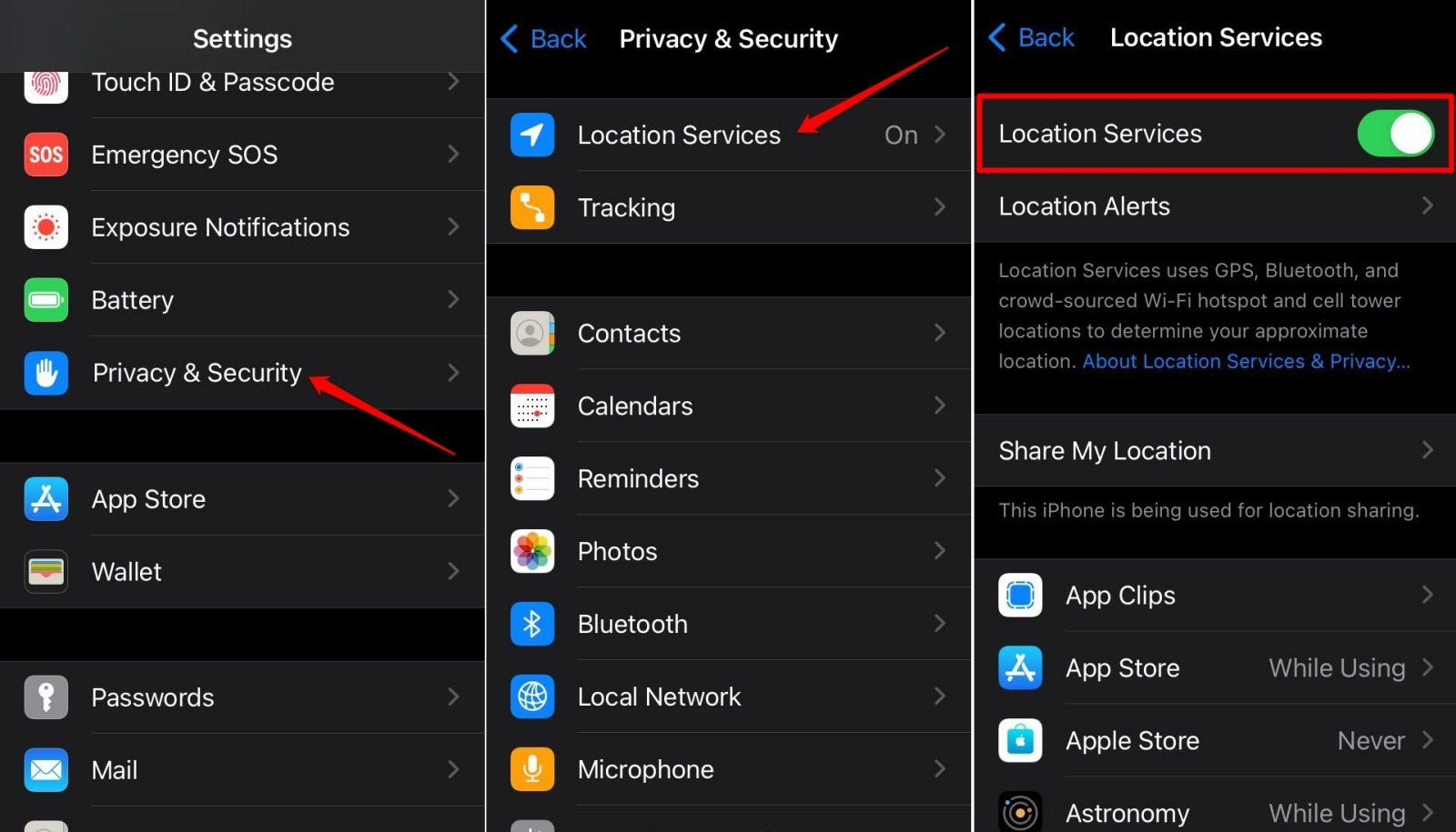 turn on location services for iPhone