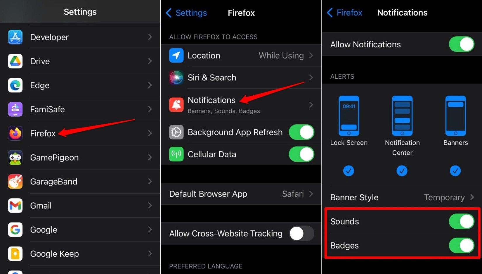 turn on notification sound for Firefox iOS