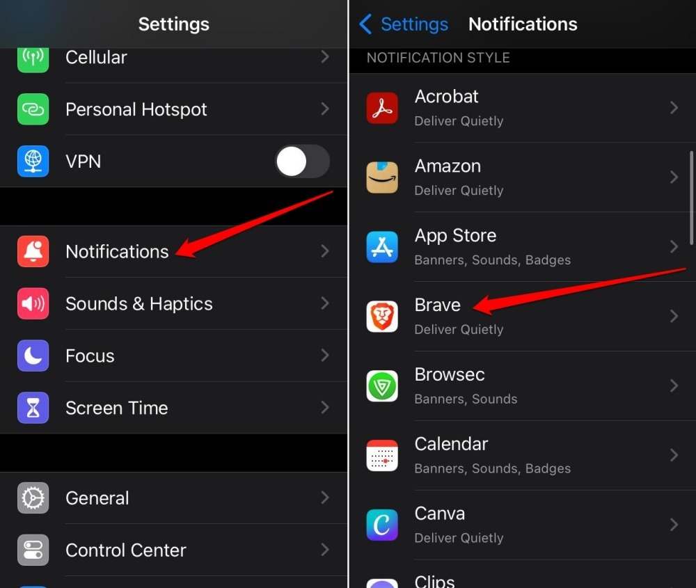 Brave browser notification settings