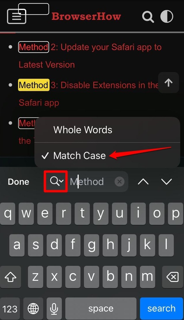 What is match case search in Brave iOS find in page