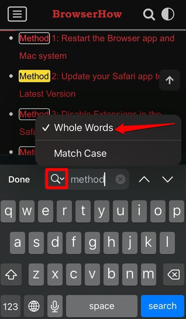What is whole words search in Brave iOS find in page
