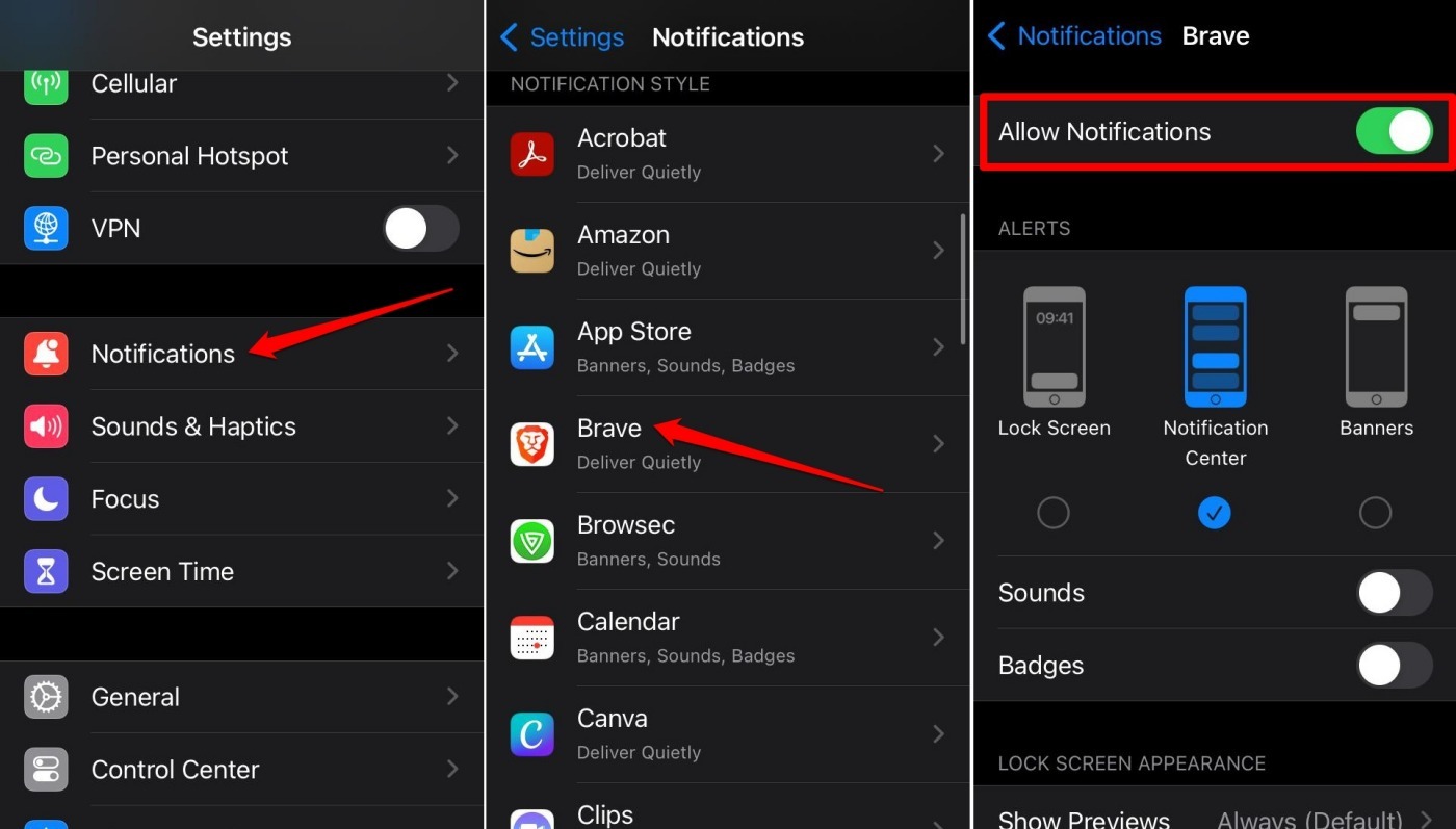 allow or block notifications on Brave iOS