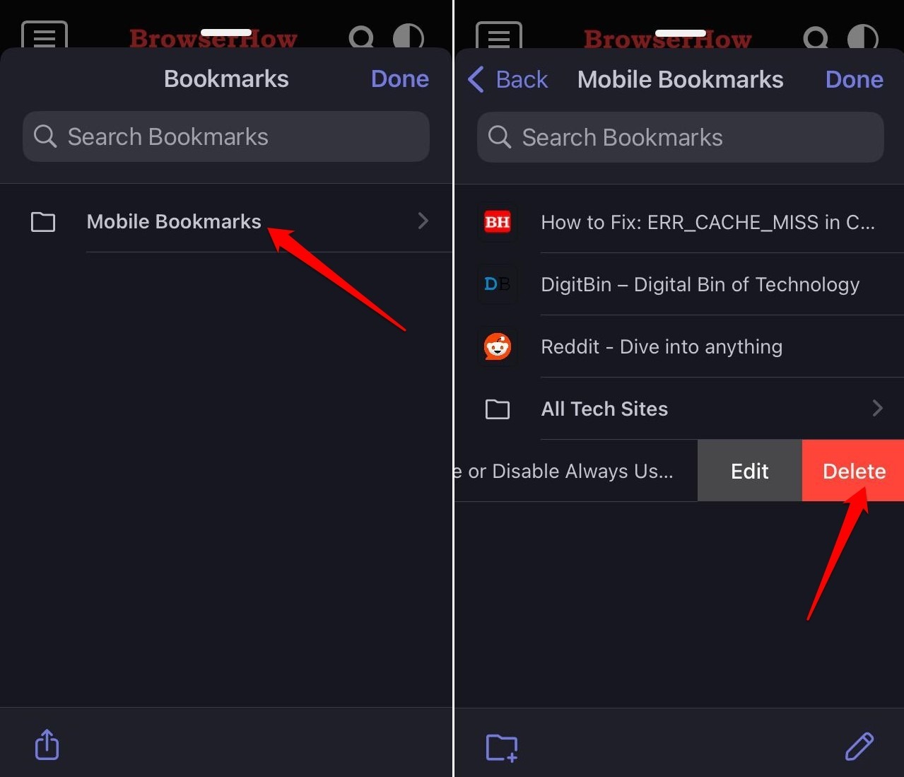 delete a bookmark in Brave iOS