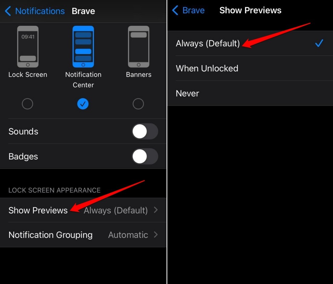 enable lock screen notification preview on Brave iOS