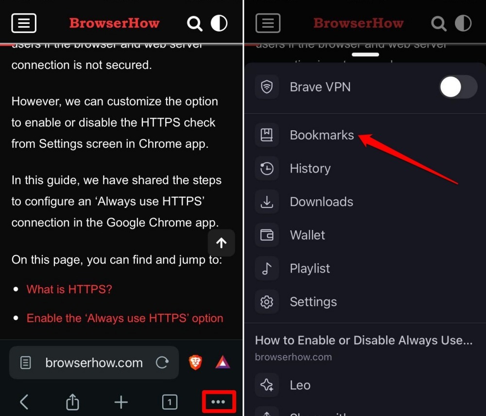 how to access bookmarks in Brave iOS