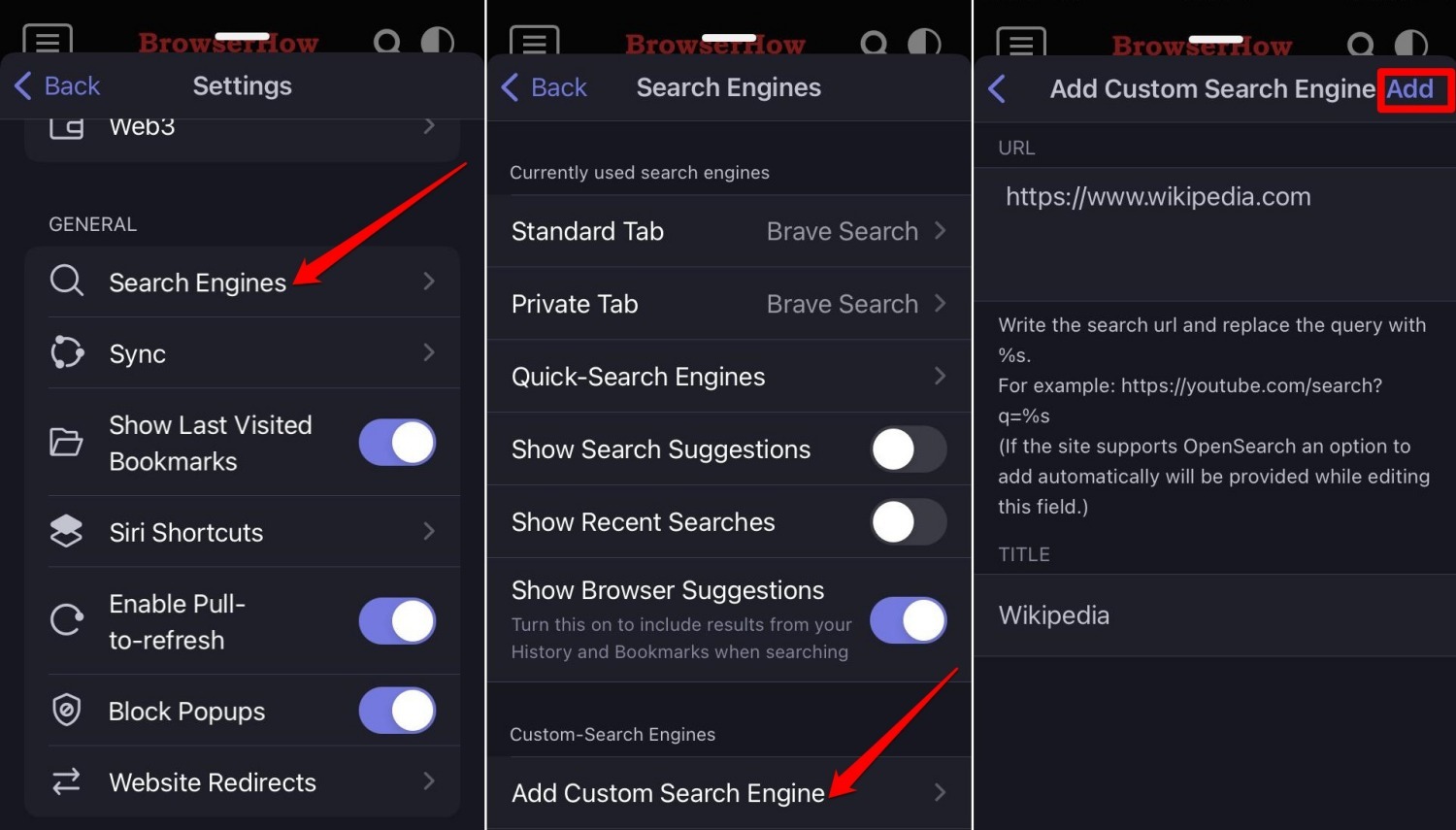 how to add a custom search engine on Brave iOS