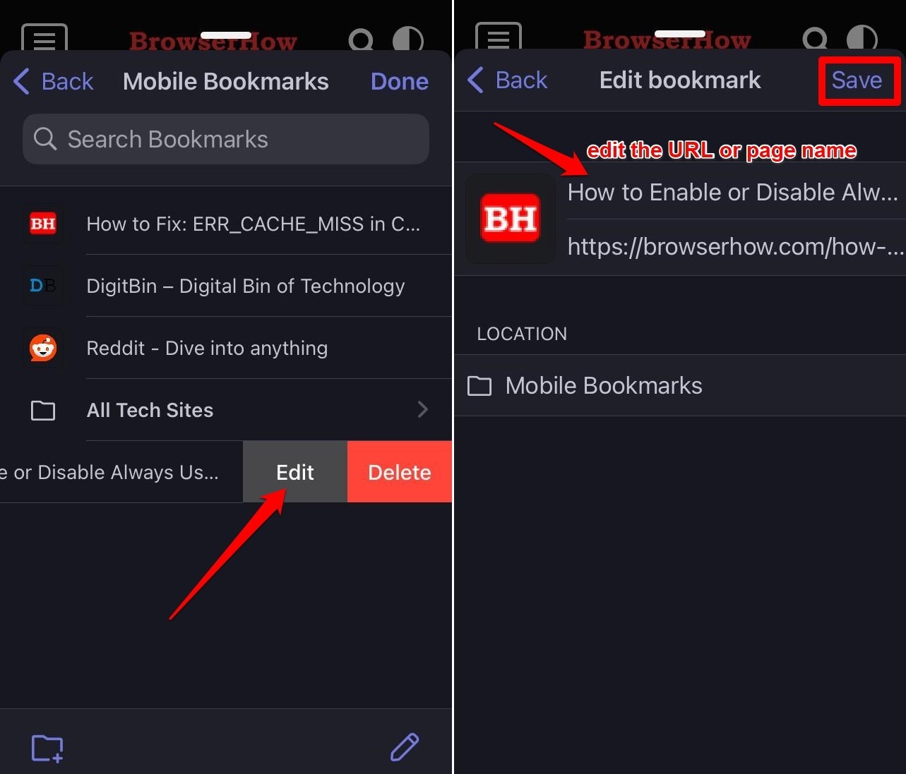 how to edit a bookmark in Brave iOS