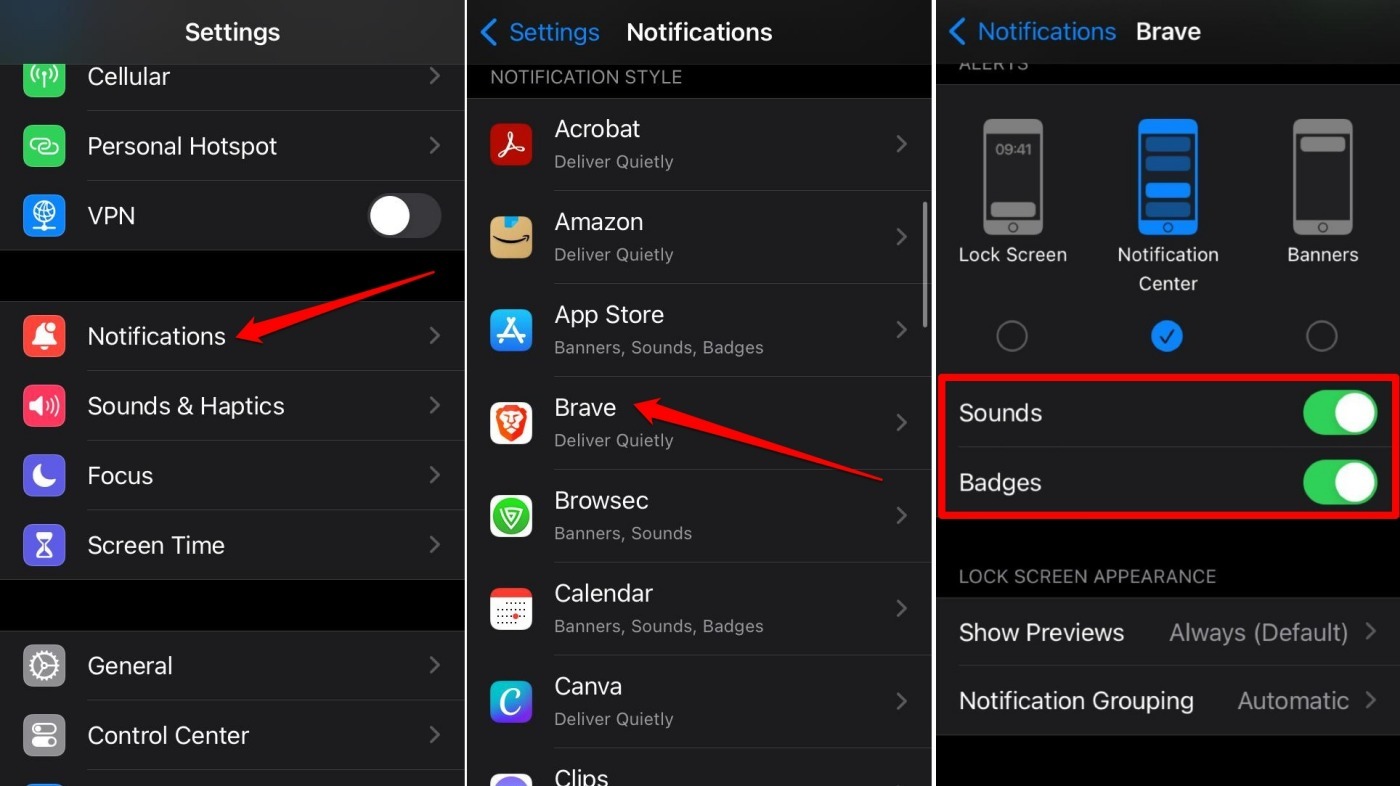 how to enable notification sound on Brave iOS