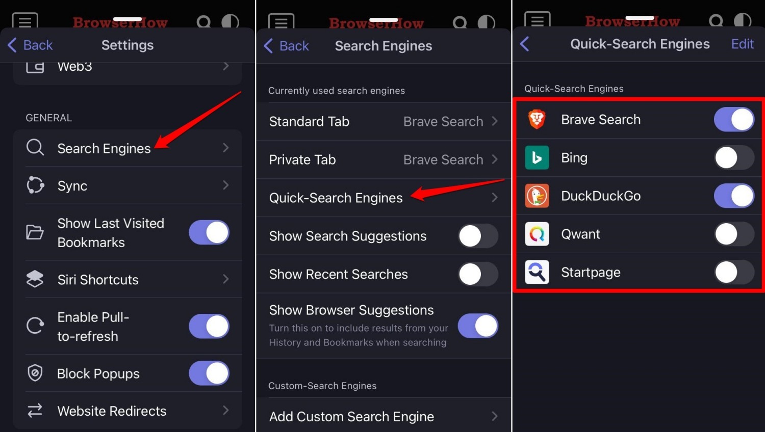 how to turn on or off quick search engines on Brave iOS