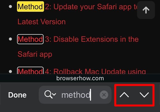 navigate-between-words using Find in Page feature on Brave iOS