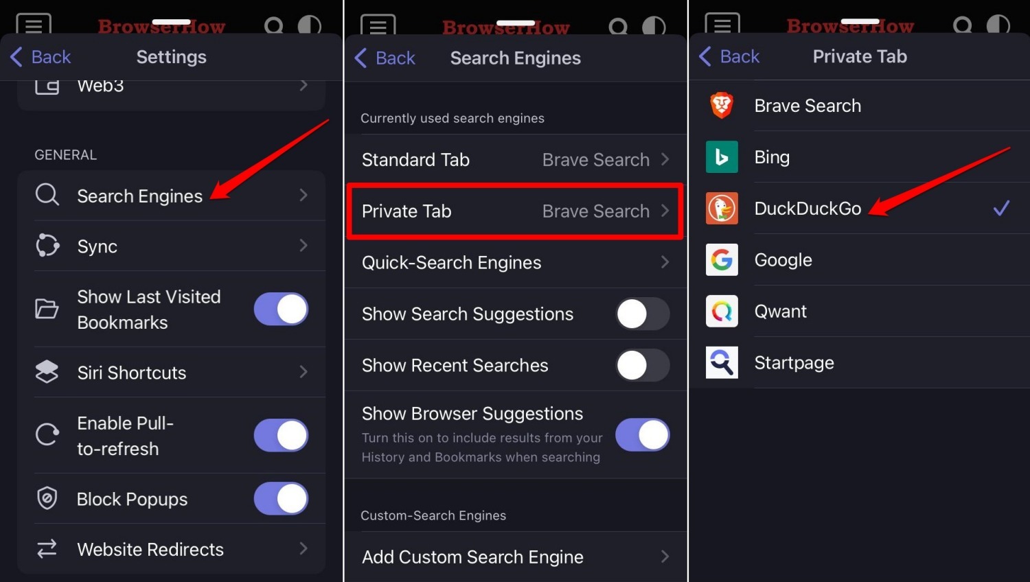 set the default search engine on Brave iOS private browsing