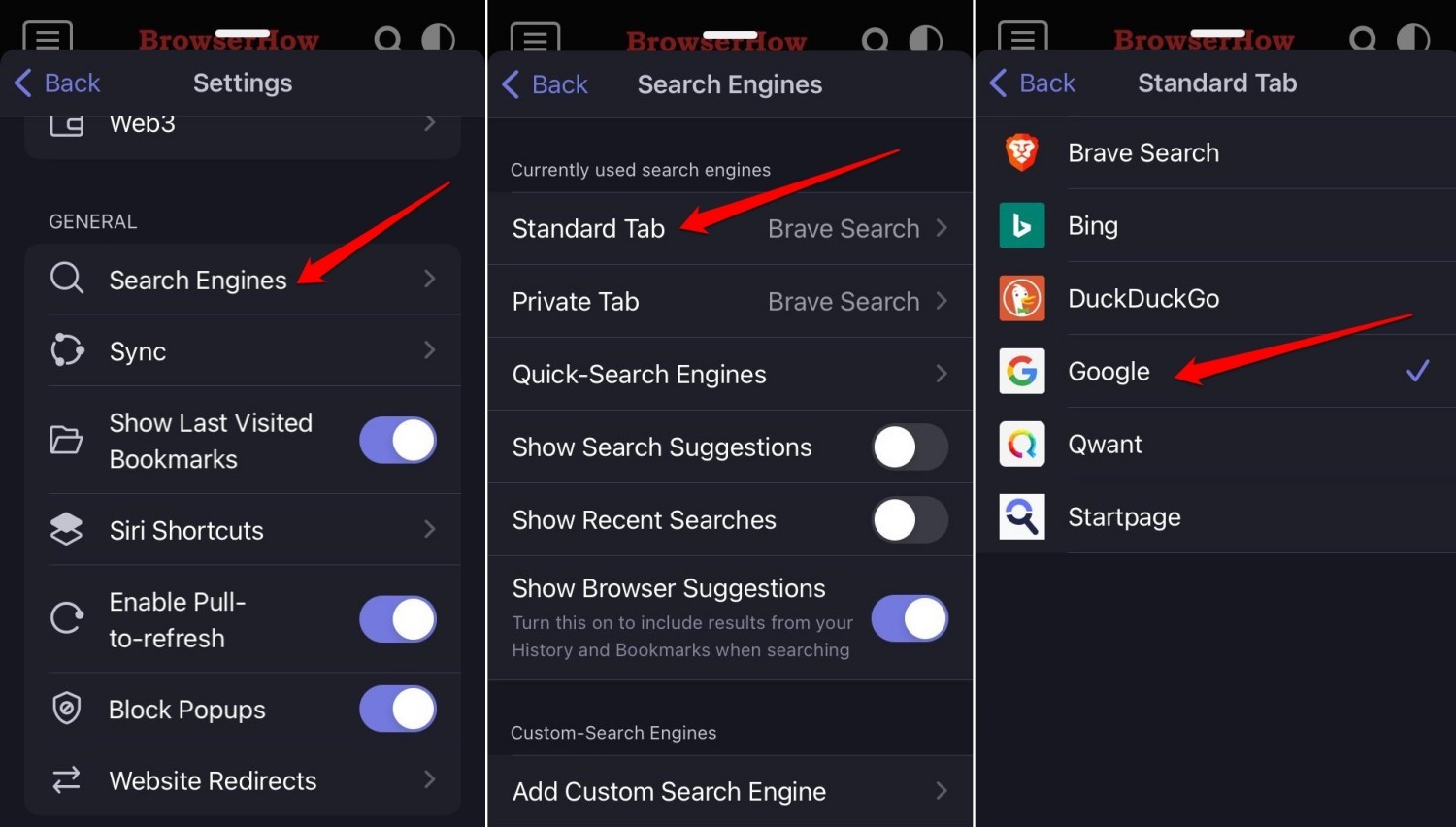 set the default search engine on Brave iOS standard browsing