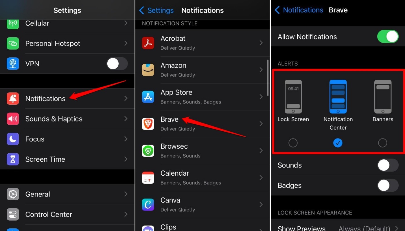 setup notification alerts on Brave iOS