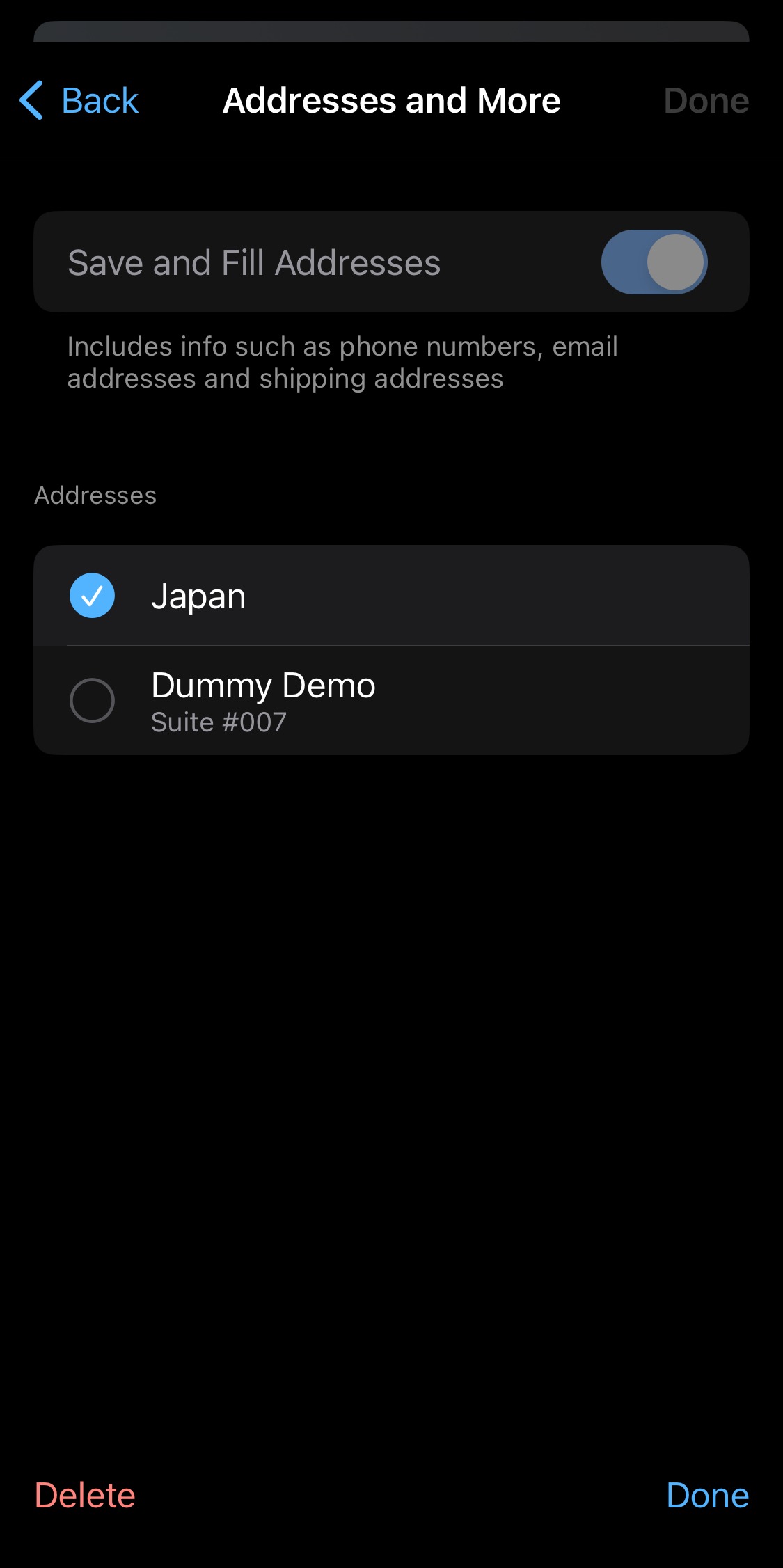 Delete Saved Address Record in Edge browser on iPhone