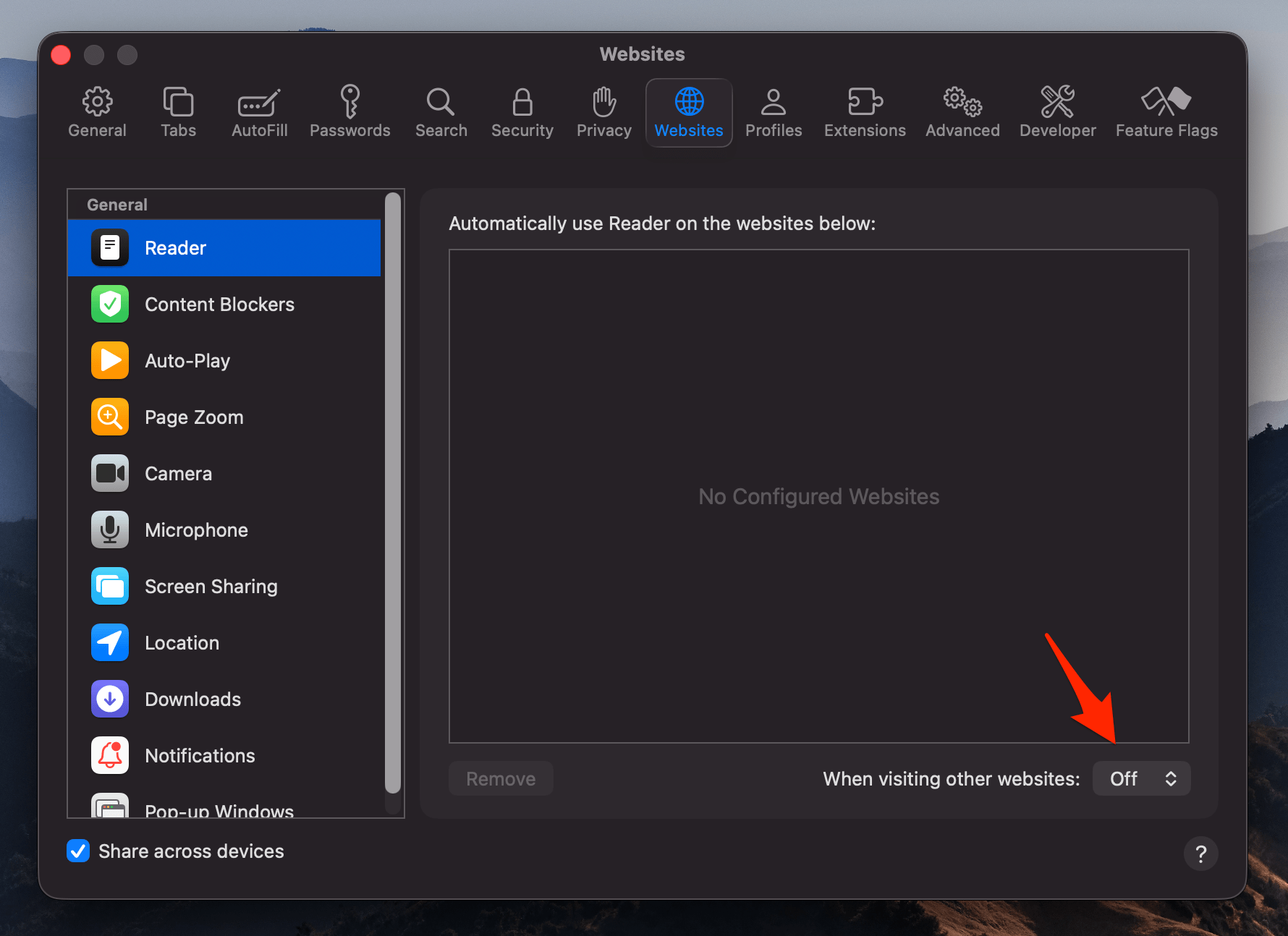 Turn off default Reader mode in Safari app on Mac for all websites