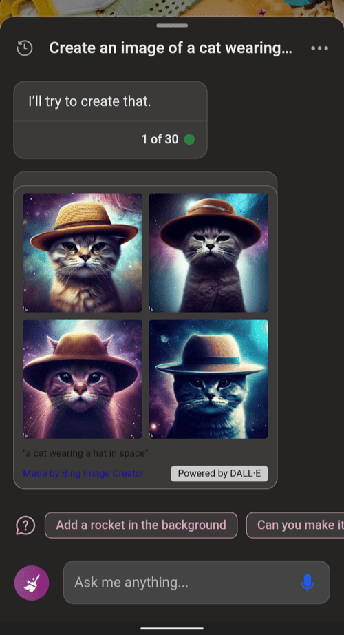 AI Generate Image in Bing Chat on Edge Android 