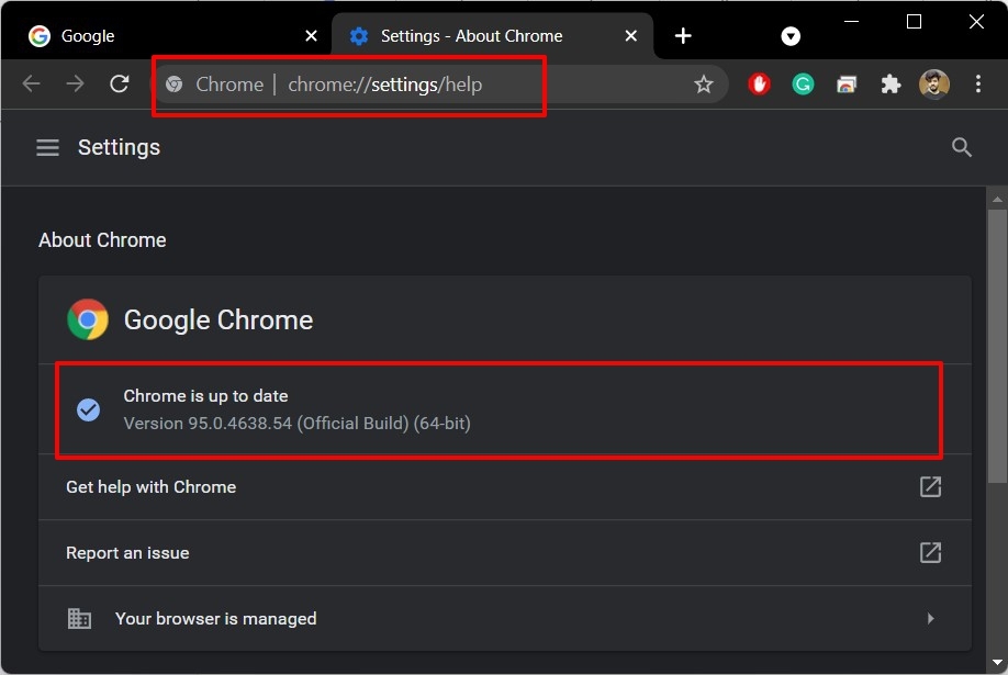 About Chrome Page with Chrome Browser Version